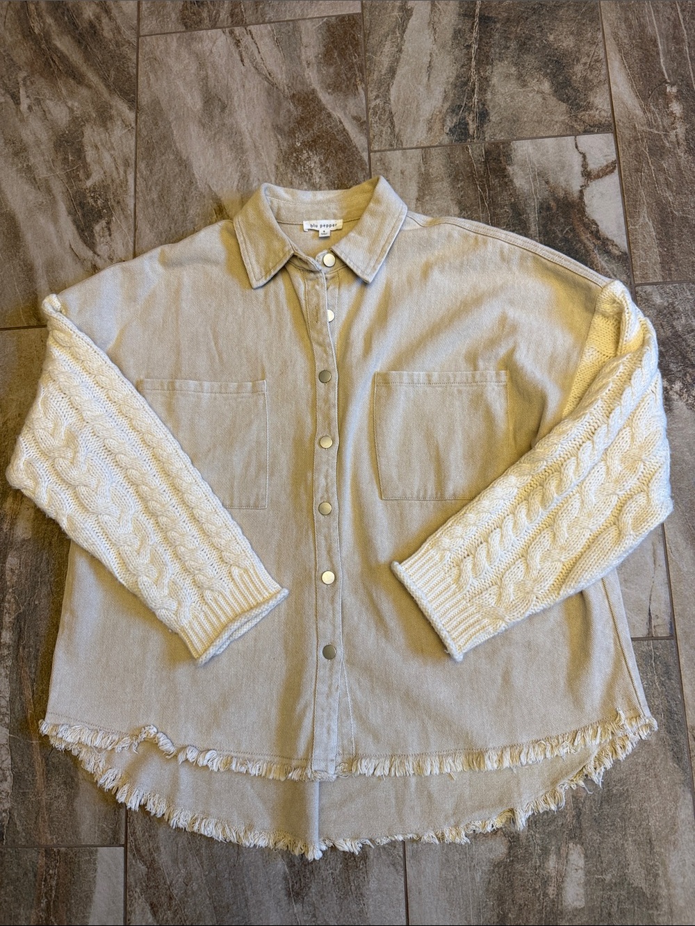 Blu Pepper Cream Mixed-Media Button Down with Cable Knit Sleeves